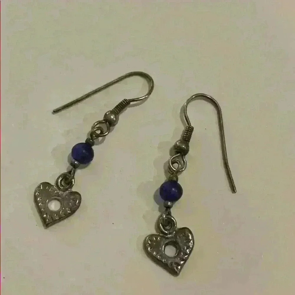Tangled blue and silver heart earrings